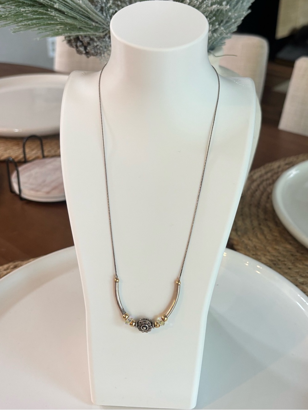 925 Sterling Silver Mixed Metal Curved Bar Bead Pendant Necklace 18” Chain
